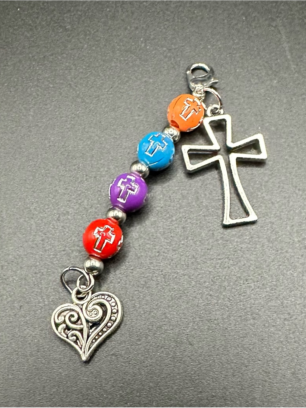 Zipper Pull Multi-Color Cross and Heart Charm Keychain